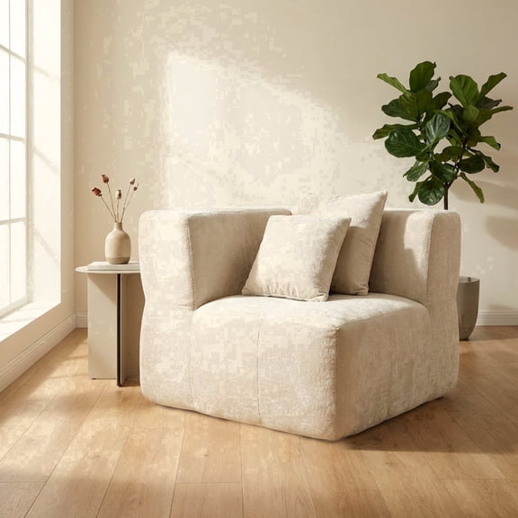 Oak and Birch 1-Seater Modular Right Armchair, Boneless Compressed Couch with Velvet Upholstery, No Assembly Living Room Sofa with Chaise & Bed-Style Layout Options (1-Seater), Cream