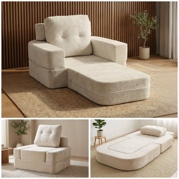 Oak and Birch 3-in-1 Folding Floor Sofa Bed, Boneless Convertible Couch with Chaise Lounge & Sleeper, High-Density Foam, Plush Velvet Upholstery, No Assembly, Cream