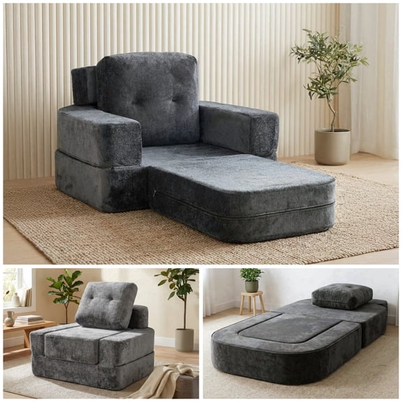 Oak and Birch 3-in-1 Folding Floor Sofa Bed, Boneless Convertible Couch with Chaise Lounge & Sleeper, High-Density Foam, Plush Velvet Upholstery, No Assembly, Dark Gray