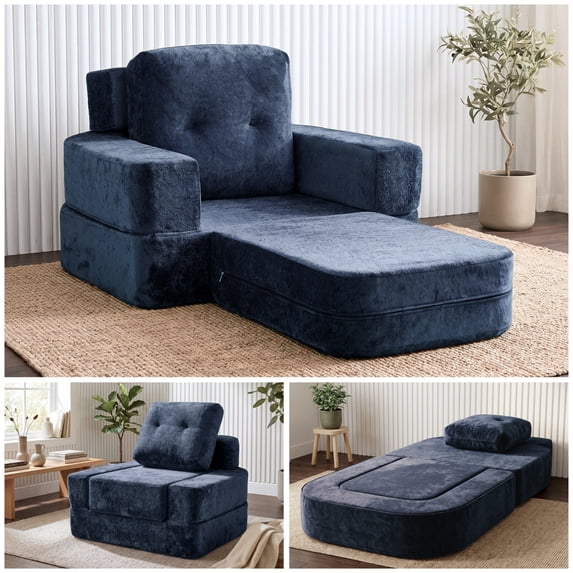 Oak and Birch 3-in-1 Folding Floor Sofa Bed, Boneless Convertible Couch with Chaise Lounge & Sleeper, High-Density Foam, Plush Velvet Upholstery, No Assembly, Navy Blue