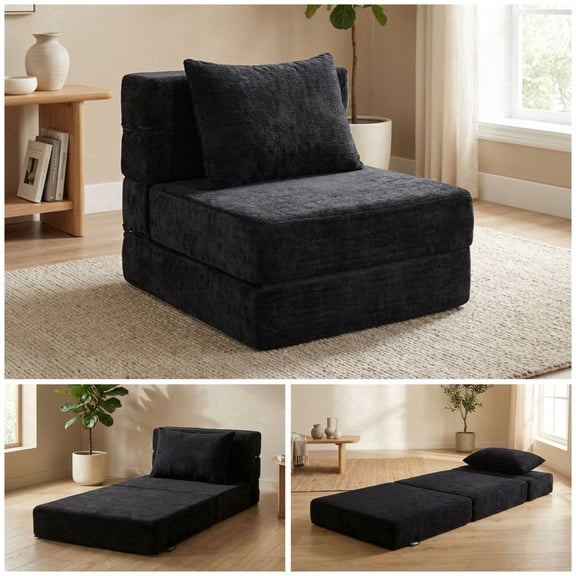 Oak and Birch 3-in-1 Folding Floor Sofa Bed, Convertible Floor Sofa to Chaise & Sleeper with Lumbar Pillow for Apartment, Dorm & Small Spaces, Chenille, Black