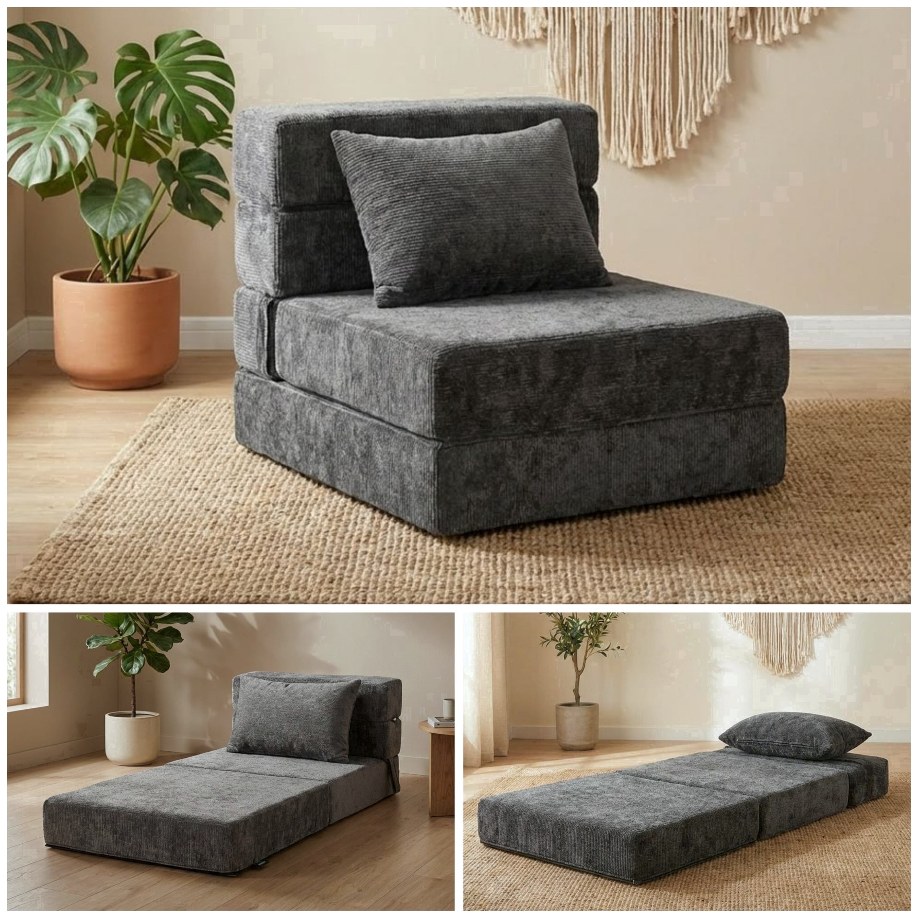Oak and Birch 3-in-1 Folding Floor Sofa Bed, Convertible Floor Sofa to Chaise & Sleeper with Lumbar Pillow for Apartment, Dorm & Small Spaces, Chenille, Dark Gray