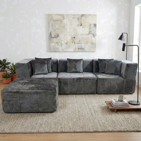 Oak and Birch 4-Seater Modular Sectional Sofa, Boneless Compressed Couch with Velvet Upholstery, No Assembly Living Room Sofa with Chaise & Bed-Style Layout Options (3-Seater + Ottoman), Dark Gray