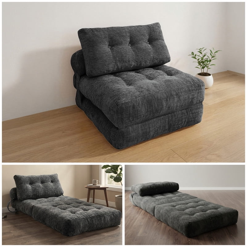 Oak and Birch Boneless Folding Sofa Bed, Convertible Floor Futon Chaise Lounge & Sleeper Bed, Shredded Foam Floor Couch for Living Room, Bedroom, Kids Room, Apartment, Chenille, Charcoal