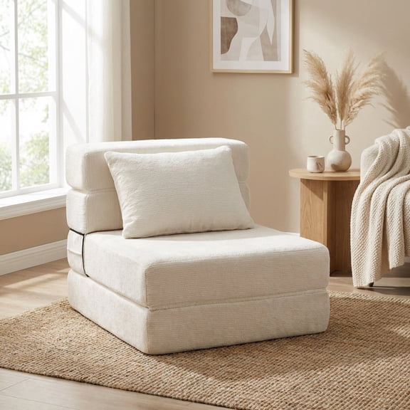 Oak and Birch Folding Sofa Bed Floor Couch with Pillow, 3-in-1 Convertible Boneless Convertible Chair, Chaise Lounge & Sleeper for Living Room, Apartment, Dorm, Gaming Room, Chenille, Cream