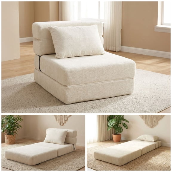 Oak and Birch Folding Sofa Bed Floor Couch with Pillow, 3-in-1 Convertible Boneless Convertible Chair, Chaise Lounge & Sleeper for Living Room, Apartment, Dorm, Gaming Room, Chenille, Cream