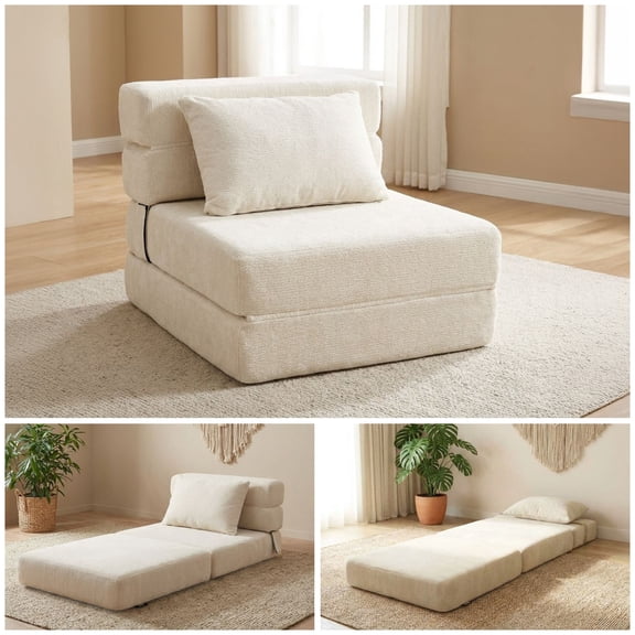 Oak and Birch Folding Sofa Bed Floor Couch with Pillow, 3-in-1 Convertible Boneless Convertible Chair, Chaise Lounge & Sleeper for Living Room, Apartment, Dorm, Gaming Room, Chenille, Cream
