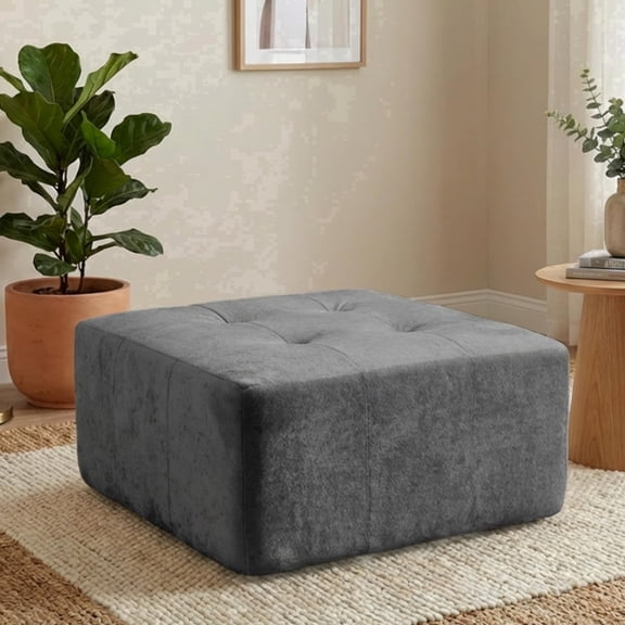 Oak and Birch Modular Compressed Sofa in a Box Ottoman with Plush Velvet Upholstery, High-Density Foam Cube Pouf Footrest & Extra Seat, Deep Seating Chaise Extension, Add-On Module, Velvet, Dark Gray