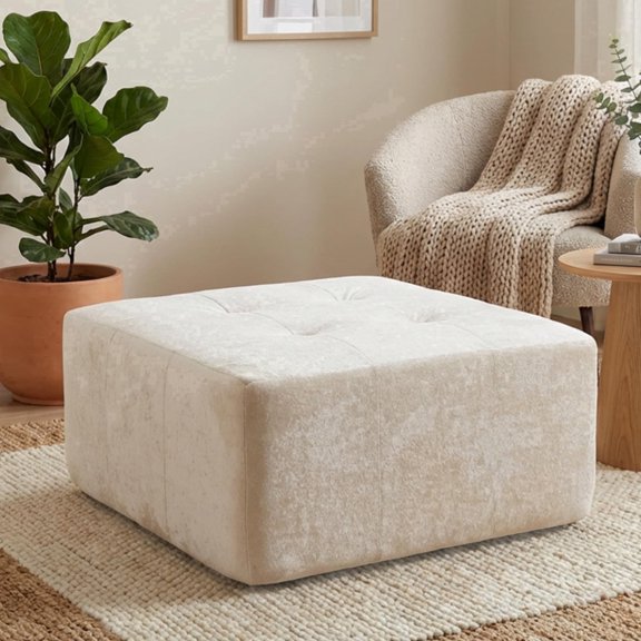Oak and Birch Modular Compressed Sofa in a Box Ottoman with Plush Velvet Upholstery, High-Density Foam Cube Pouf Footrest & Extra Seat, Deep Seating Chaise Extension, Add-On Module, Cream