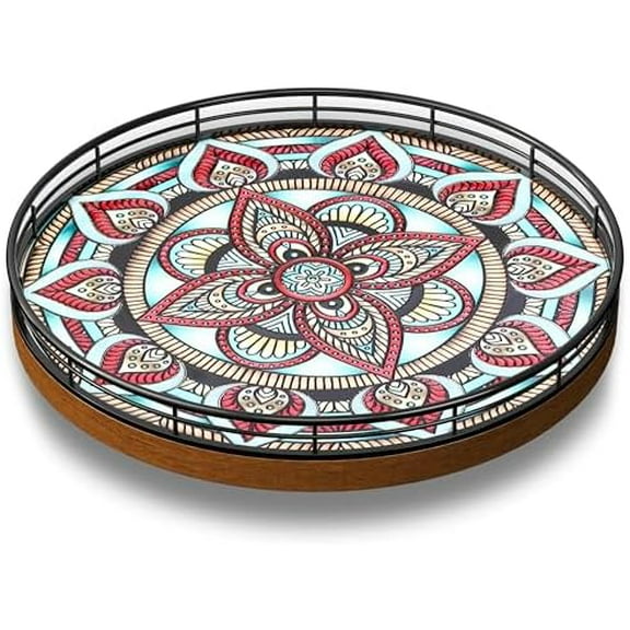 Oak Bohemia Lazy Susan 10.2" Turntable Organizer for Table Top with Ceramic 3D Boho Texture, Round Wooden Lazy Susan for Dining Table Decor, Kitchen, Countertop, Home Decor, Walnut Wood, Farmhouse