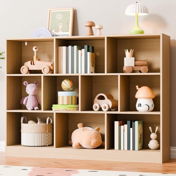 Oak Bookshelf, 3-Tier Open Shelf Bookcase, 10 Cube Storage Organizer with Anti-Tilt Device, Freestanding Horizontal Bookshelf Cube Shelf for Bedroom, Living Room