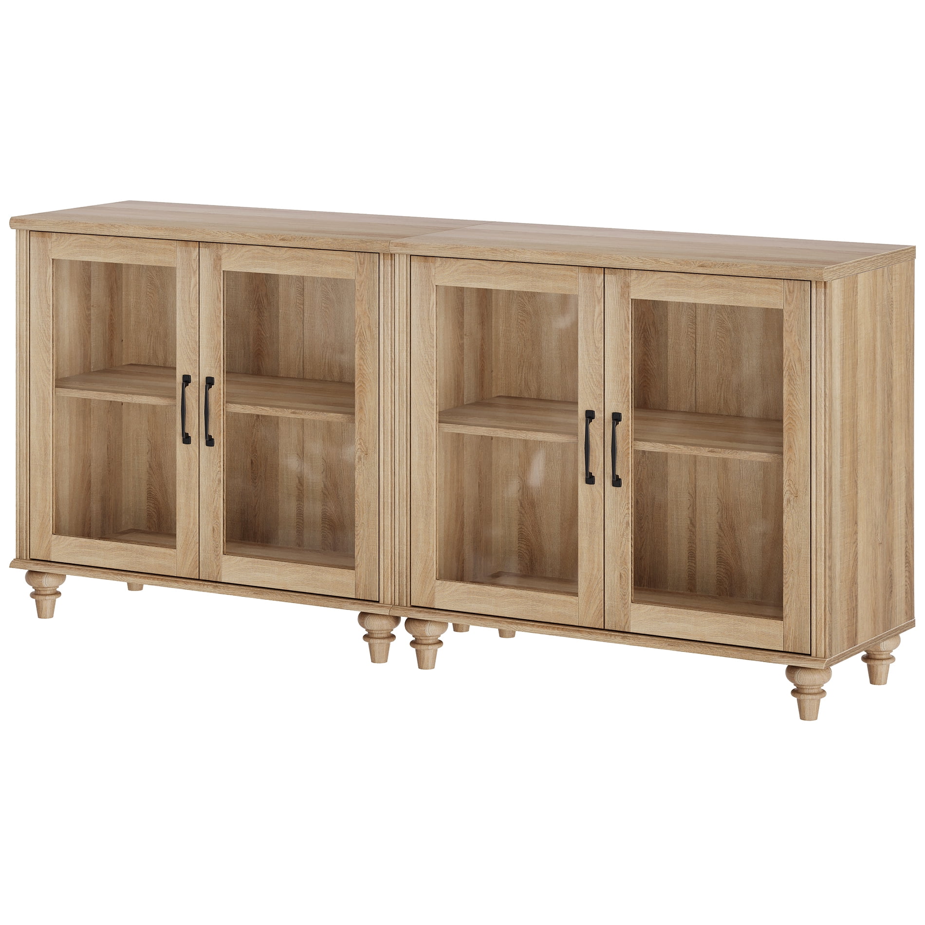 Oak Buffet Cabinet with 4 Glass Doors, Kitchen Storage Cabinets with Adjustable Shelf, 68 inch
