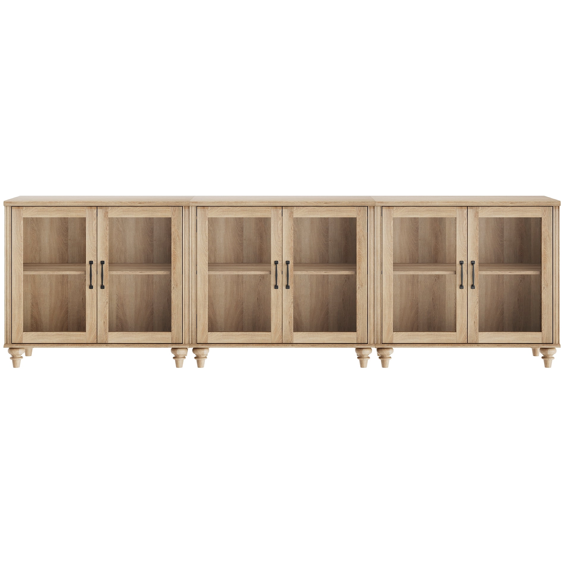 Oak Buffet Cabinet with 6 Glass Doors, Kitchen Storage Cabinets with Adjustable Shelf, 101 inch