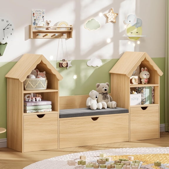 Oak Castle-Shaped Bookshelf and Toy Storage Organizer with 3 Movable Drawers and Seat Cushion
