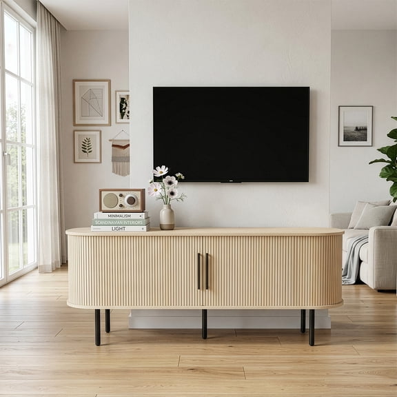 Oak Color Embossed Particle Board TV Stand, Oval Tabletop 1473558cm, Modern Entertainment Center with Sliding Grid Doors, Media Console Cabinet for Living Room Home Decor