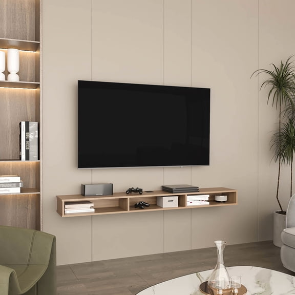 Oak Color - Three Spacious Shelves - Man Cave, Bathroom - Modern Touch Floating TV Stand