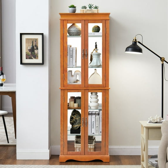 Oak - Colored Glass Cabinet - Lighted Six - Tier Display - Home Environments - Organize Collectibles Nicely