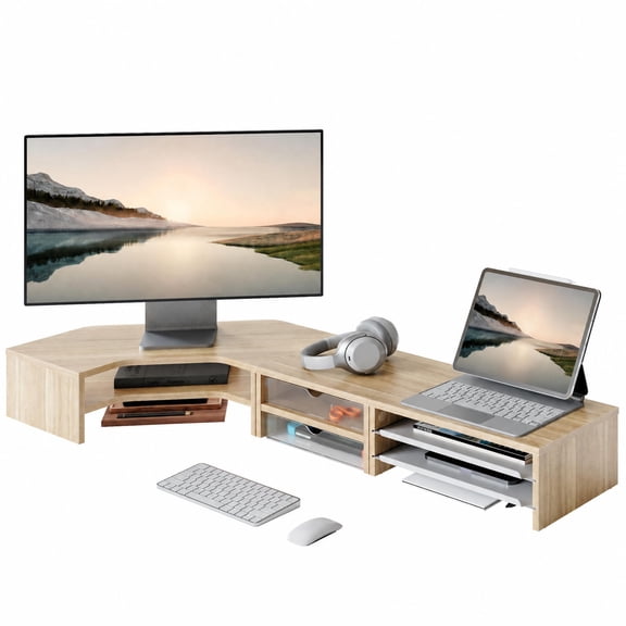 Oak Corner Monitor Riser with Drawers and Slide-Out Trays for Dual Screens