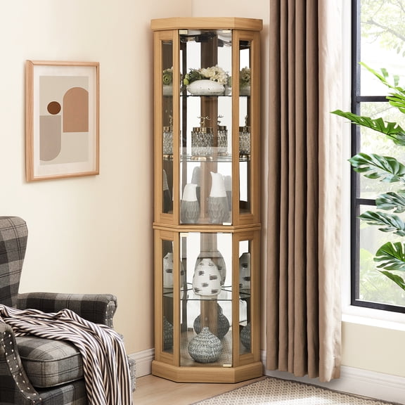 Oak Curio Showcase Unit - Exquisite Design With Adjustable Storage And Illumination Lighted Display Case In Bedroom Finish, Spacious Interior Side Doors