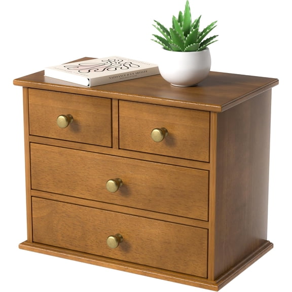 Oak Desk Organizer with Drawers, Durable Wooden Desktop Storage Box with Metal Handles & Non-Slip Silicone Pads, 4 Drawer Tabletop Organizer for Office, Bedroom, Bathroom, Vanity, and Makeup – Walnut