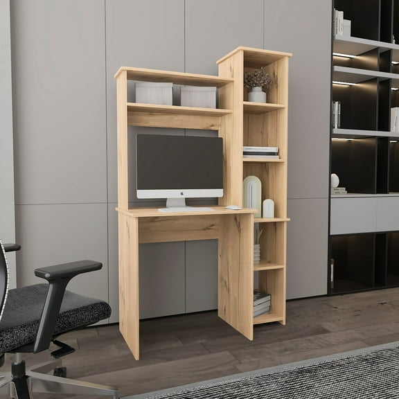 Oak Desk With Bookcase And 6 Shelves - Quality Workspace Investment Functional Built-in For Efficient Work