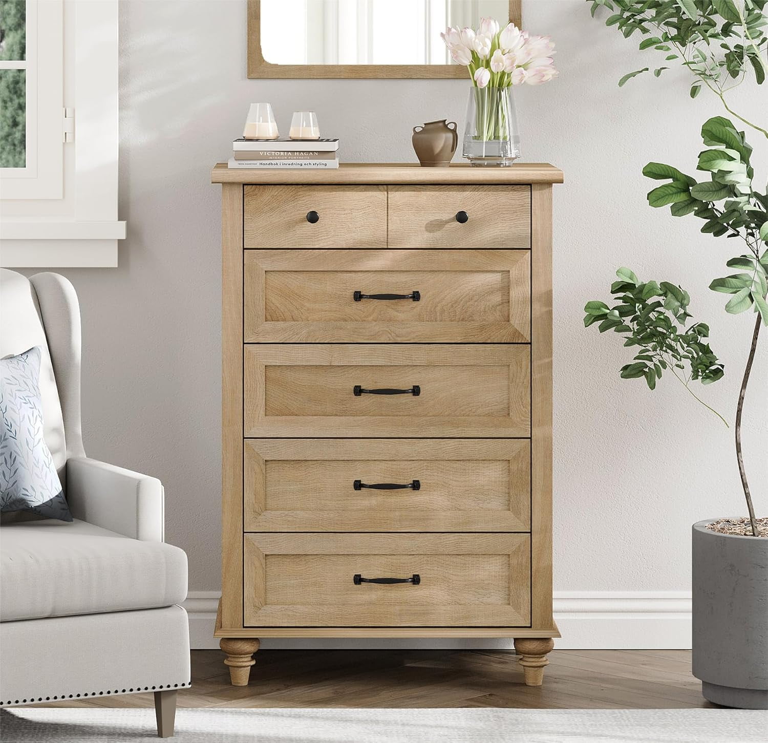 Oak Dresser for Bedroom with 5 Drawers, Tall Kids Dressers with Wide ...