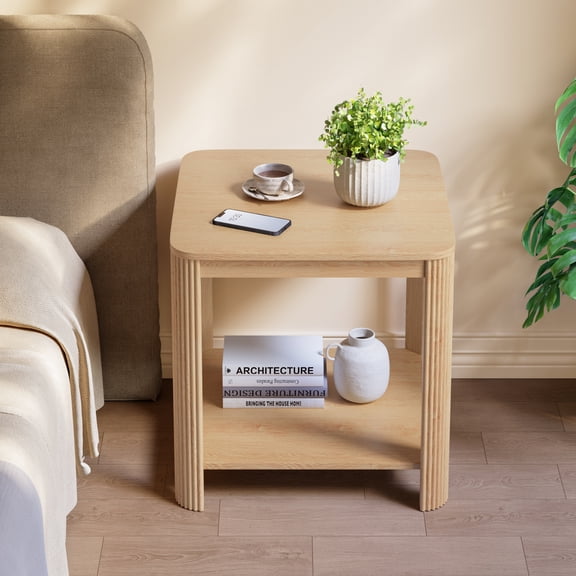 Oak Particle Board+MDF 2-Tier End Table - 22.10 in Square for Living Room