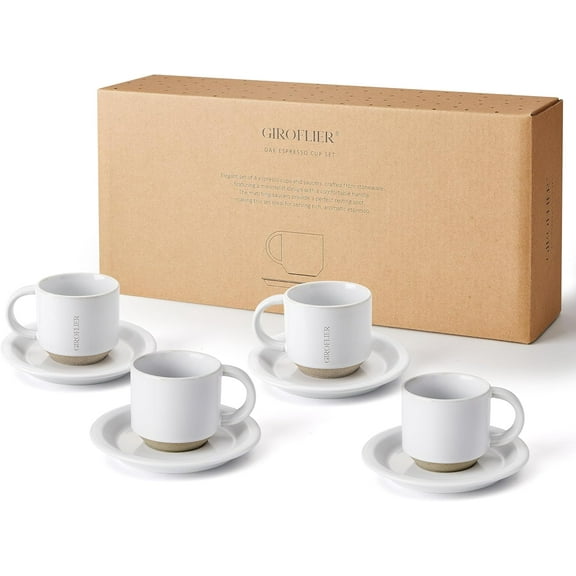 Oak Espresso Cups Set of 4, 3 oz Demitasse Cups, Modern Style, Microwave & Dishwasher Safe (Snow)