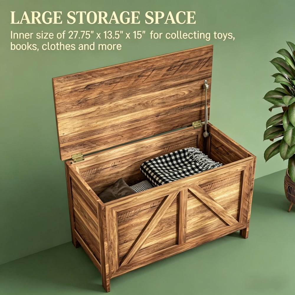 Oak Farmhouse Storage Bench, Flip-Top Storage Chest with Safety Lift Support, Multifunctional Wooden Bench for Entryway Bedroom Study