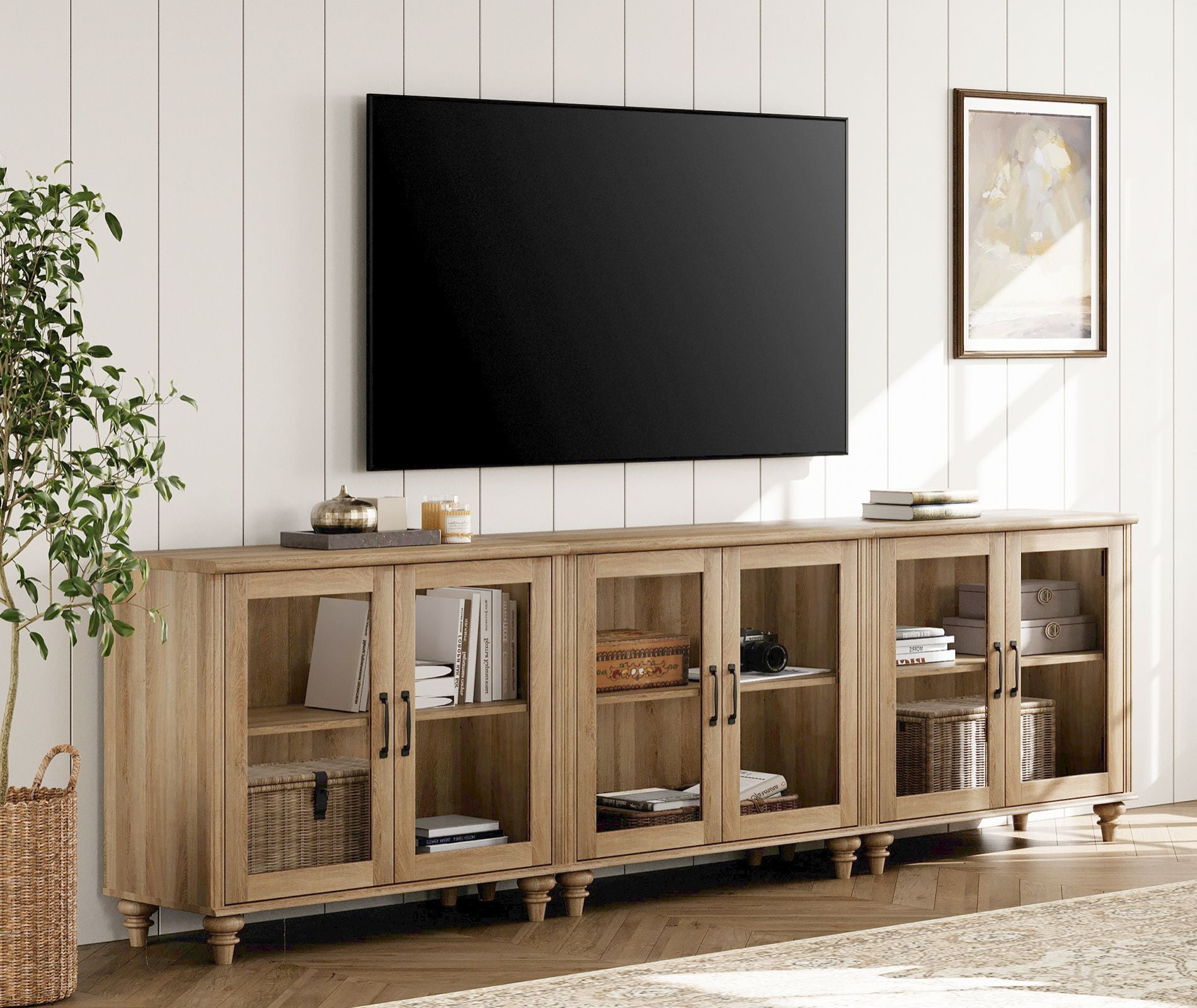 Oak Farmhouse TV Stand for 85 inch TV with 6 Glass Doors
