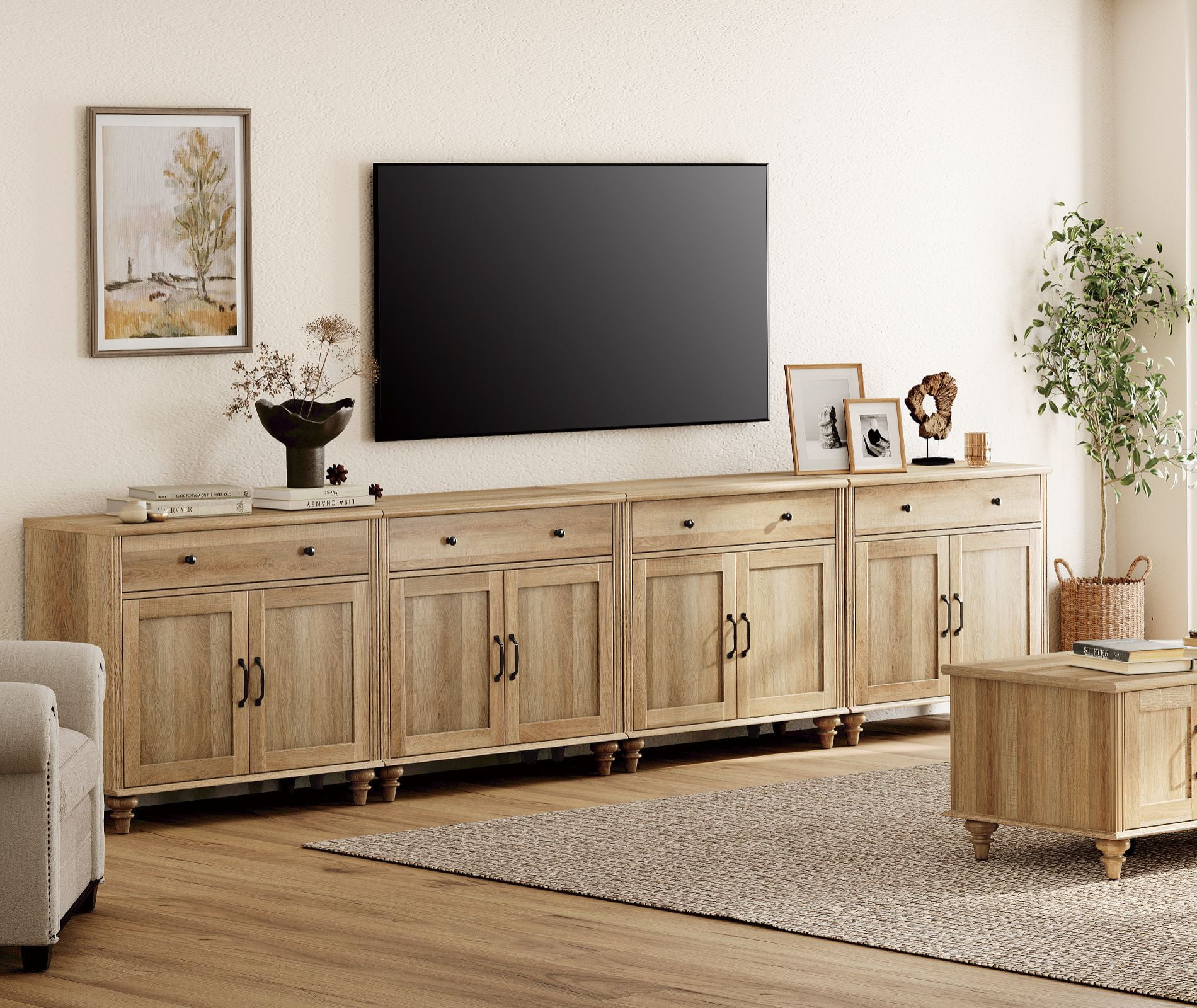 Oak Farmhouse TV Stand for 85 inch TV with 8 Doors and 4 Drawers