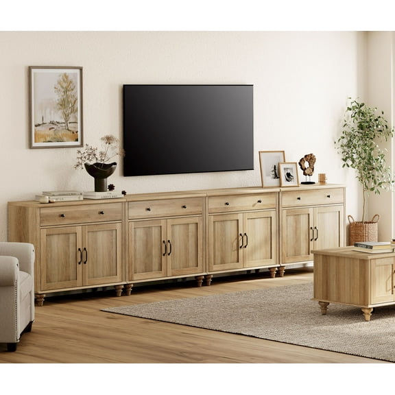 Oak Farmhouse TV Stand for 85 inch TV with 8 Doors and 4 Drawers