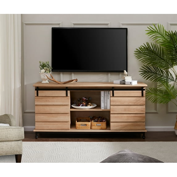 Oak Farmhouse TV Stand for TV's up to 65 inch,Wood Media Ccabinet for Living Room