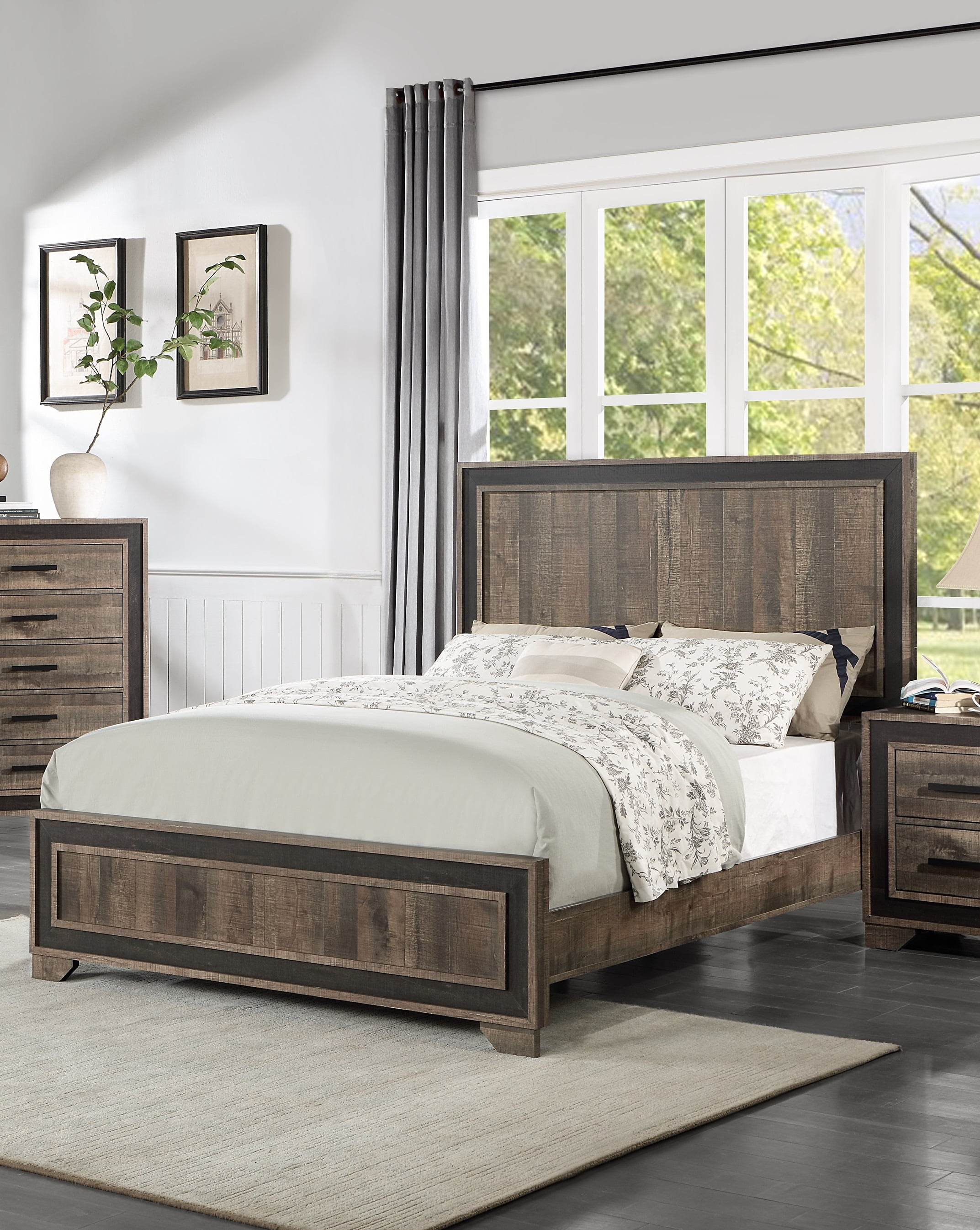 Oak Finish 1pc Queen Size Bed High Headboard MDF Particle Board Bedroom