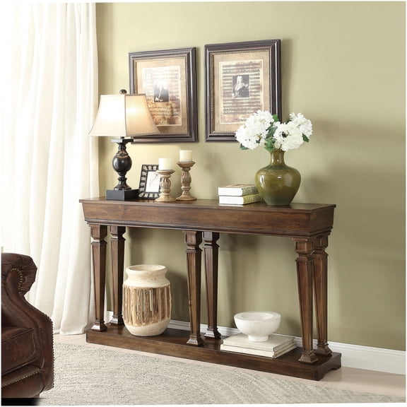 Oak Finish Console Table for Entryway, Sturdy Synthetic Wood Sofa Table with Storage Shelf, Elegant Farmhouse Style Hallway Table