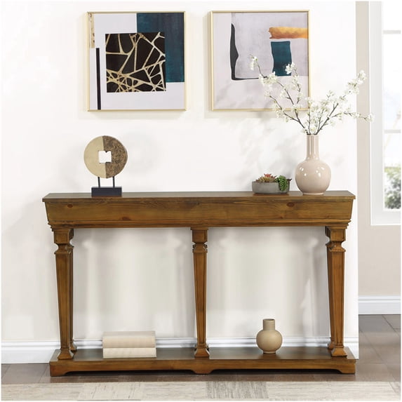 Oak Finish Console Table with Lower Shelf, Entryway Sofa Table with Storage for Living Room, Hallway