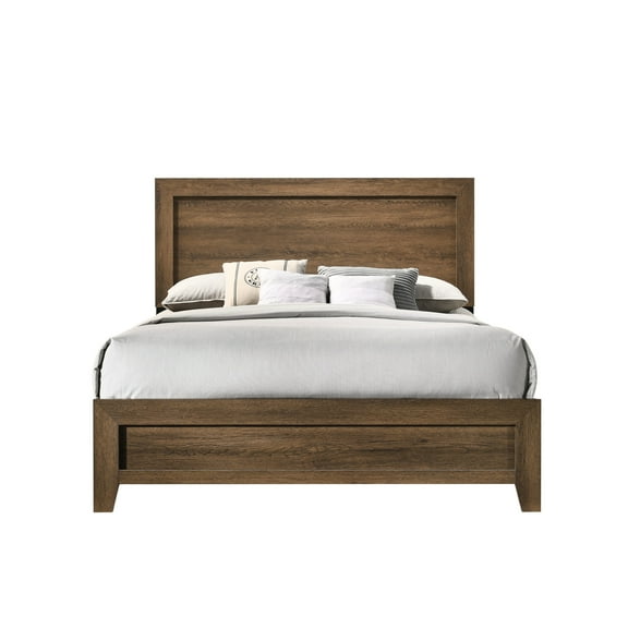 Oak Finish Ek Bed - Contemporary Panel With Clean Lines Rectangular Headboard & Low-profile Box Spring-, 12 Slats Classy Raised Molding Trim Long-lasting Synthetic Wood Sleek Tapered Legs For