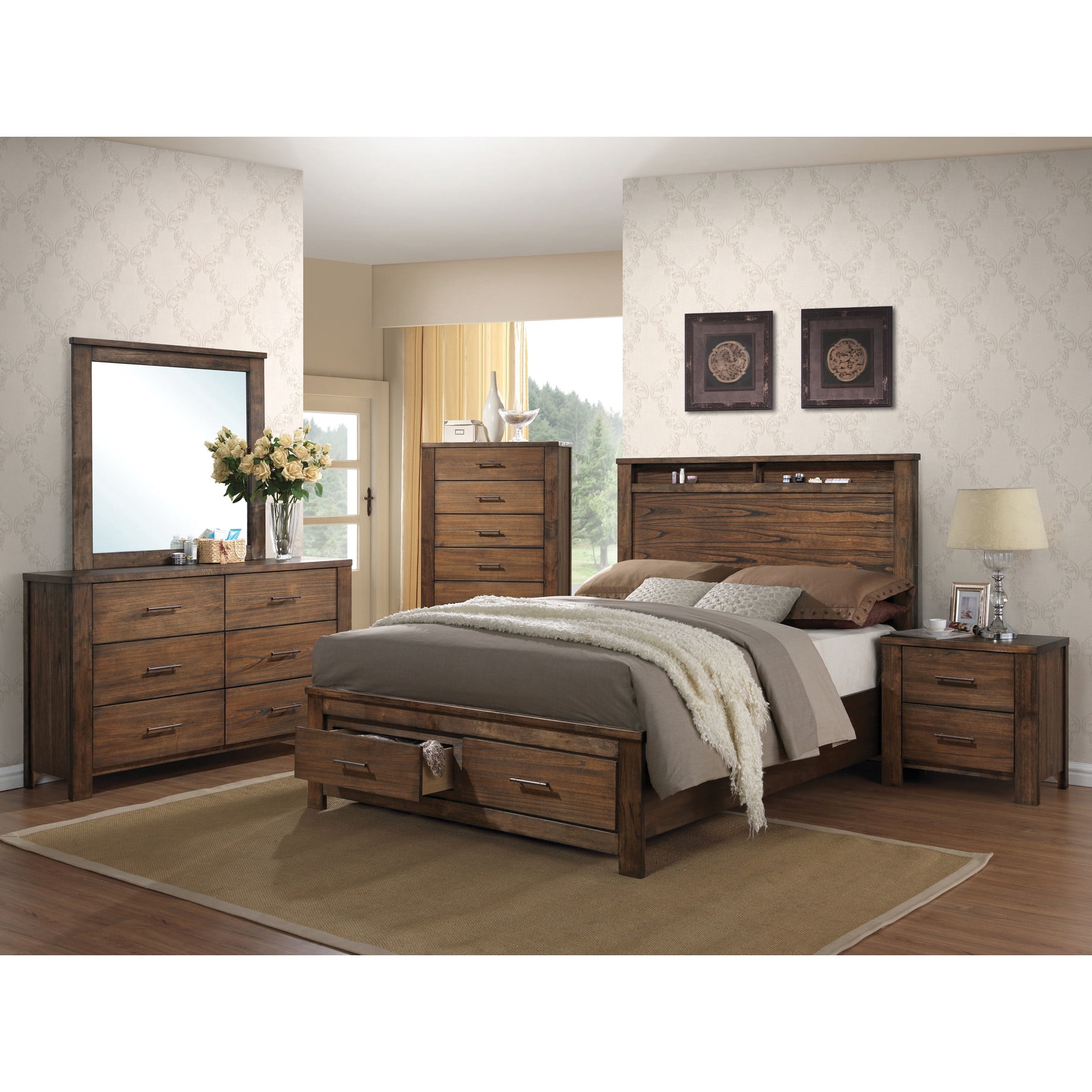 Oak Finish Ek Storage Bed - Skip Box Spring, Headboard With Open ...