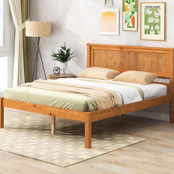 Oak Finish Full Platform Bed Frame With Headboard - Solid Wood Slat Support, No Box Spring In Not Needed