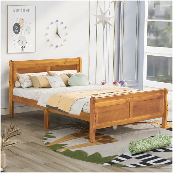 Oak Finish Full Size Bed Frame with Headboard, Easy Assembly Platform Bed, Solid Wood Support, No Box Spring