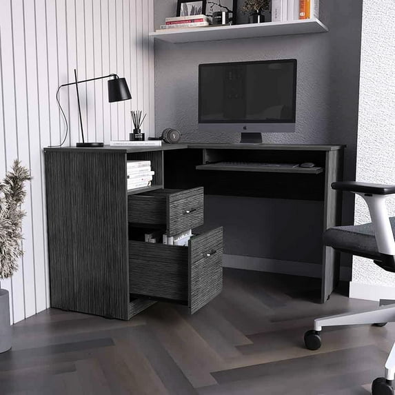 Oak Finish L-shaped Study Desk - Left Return, 45.81in Depth, 30.5in Height Artist With Stability , Keyboard Shelf