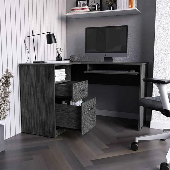 Oak Finish L-shaped Study Desk - Left Return, 45.81in Depth, 30.5in Height Artist With Stability , Keyboard Shelf