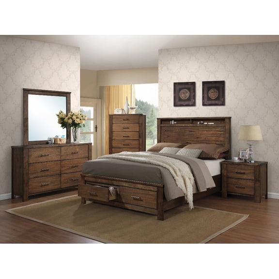 Oak Finish Merrilee Bed W/Storage - Headboard Shelf & Footboard Drawers
