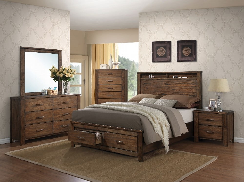 Queen Size Oak Storage Bed with 13 Slats & 2 Drawers, No Box Spring Needed, Brown for Bedroom