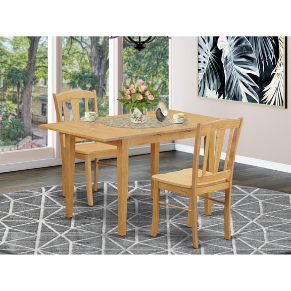 Oak Finish Small Dining Set - Rectangular Table with 4 Legs & 2 Slatted-Back Chairs - High-Quality Asian Hardwood - Sophisticated & Versatile Design