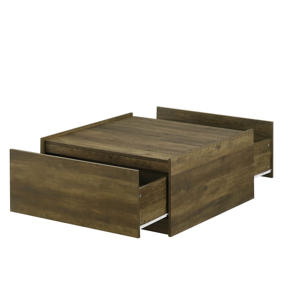 Oak Finish Square Coffee Table with 2 Drawers, 31.5" Modern Minimalist Sofa Table with Hidden Storage and Raised Edge Tabletop