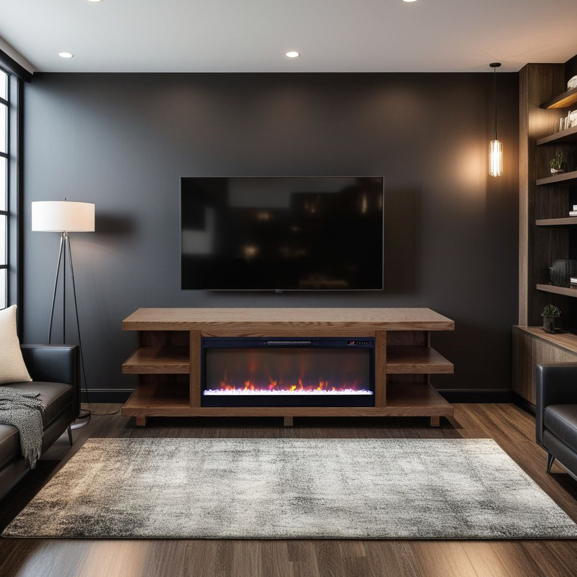 Oak Fireplace TV Stand+Block Leg Design”-“Sturdy Structure+Enhanced