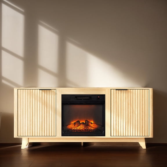 Oak Fireplace TV Stand Media Console 58 x 13.6 x 25.4 Inch Embossed Panel Double Grid Doors Gold Handles Fits 18 Inch Fireplace Insert
