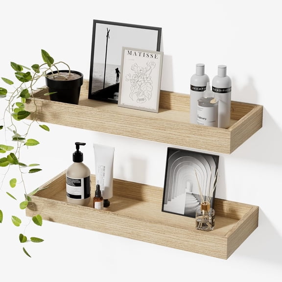 Oak Floating Shelves Set of 2, 15.7" Wall Mounted Shelves for Bathroom,Bedroom,Kitchen&Office,with -Raised