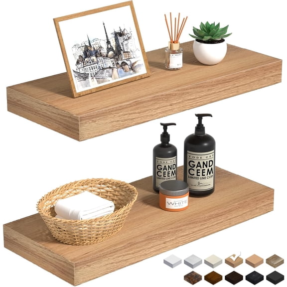 Oak Floating Shelves for Wall 15.7in Wall Mounted Display Ledge Shelves Perfect for Bedroom, Bathroom, Living Room and Kitchen Decoration Storage (Set of 2)